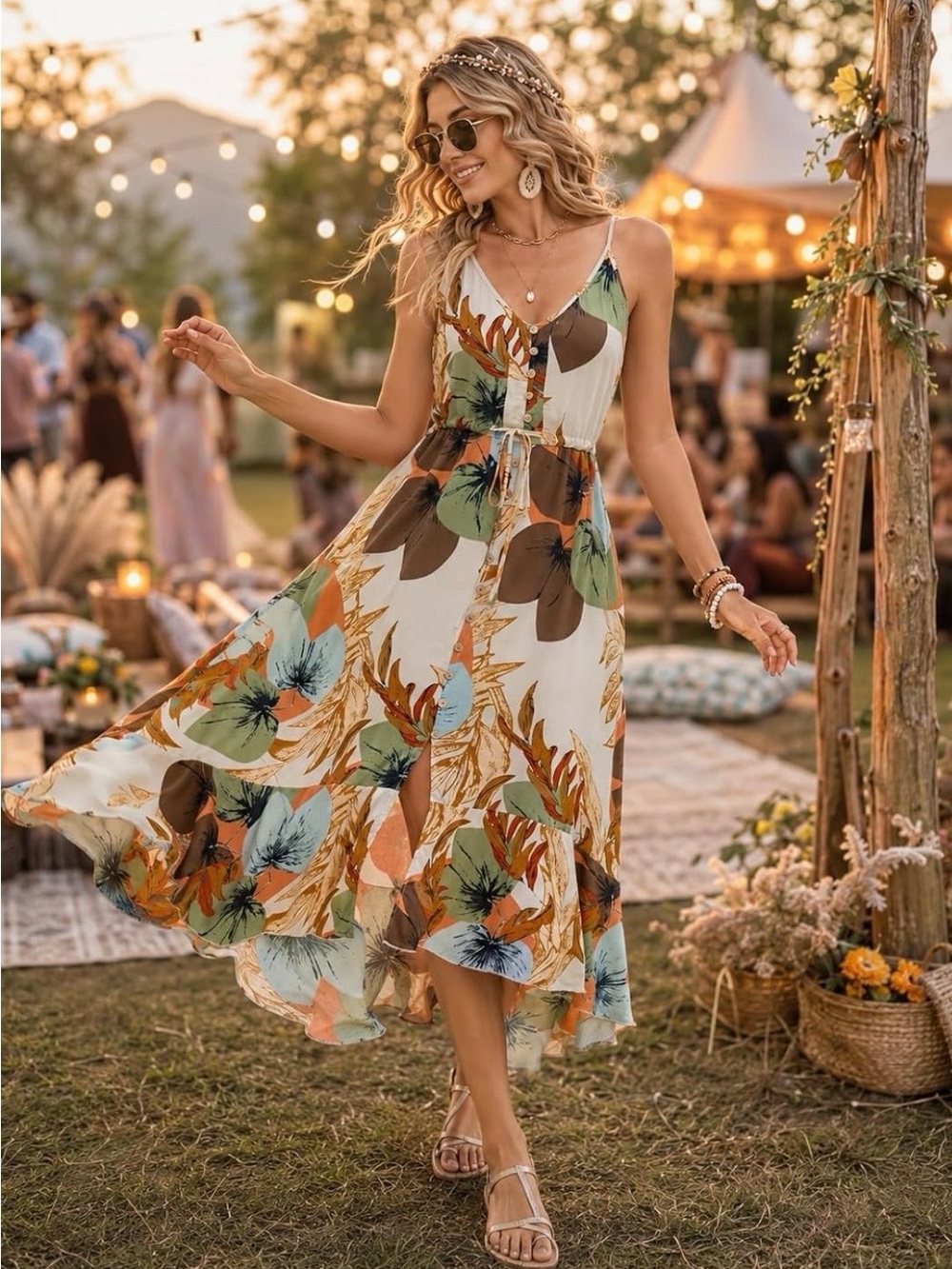 Beautiful BOLD Floral & Leaf Print Glowy Boho Bohemian Sun Dress Sundress Med - Picture 4 of 7